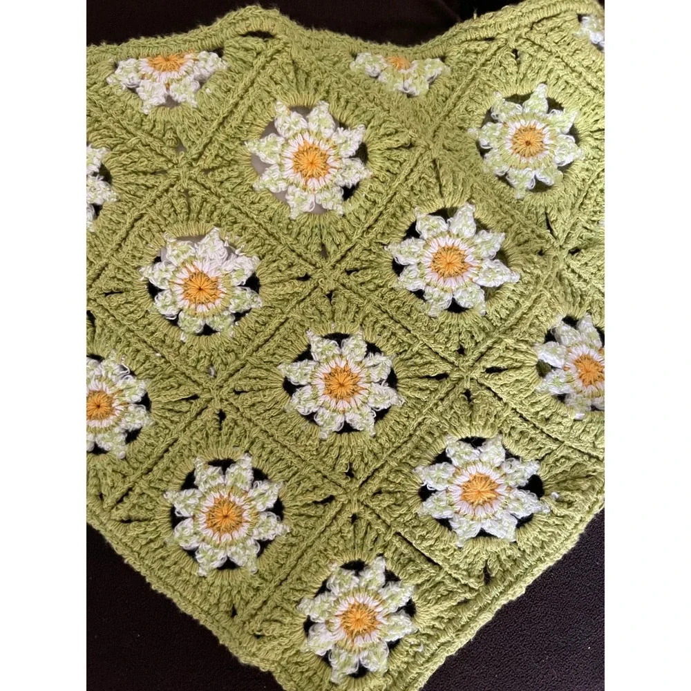 Earthbound Trading Co Green Crochet Daisy Granny Square Bandana Hair Scarf Boho